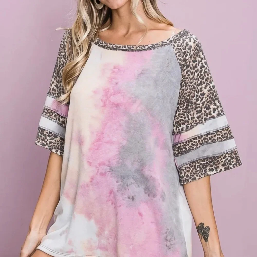 BiBi Tiedye French Terry with Leopard Sleeve Top - Picture 4 of 8